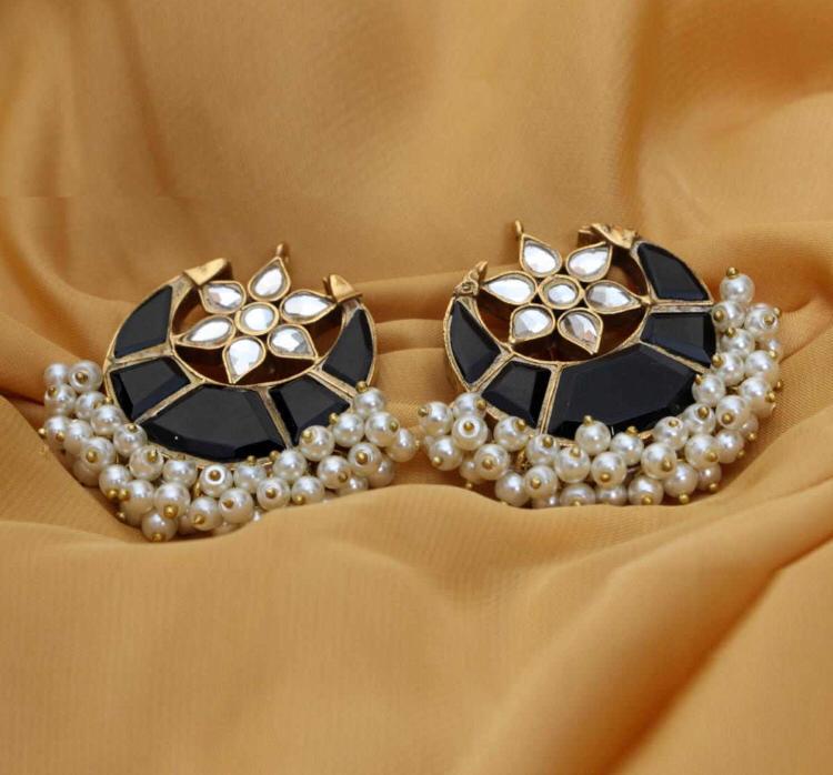 Black Kundan Chand Bali Earrings