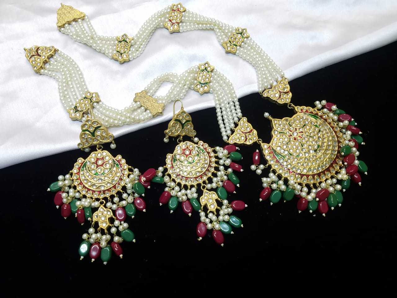 Maroon - Green Kundan Mala with 22K Gold Plating