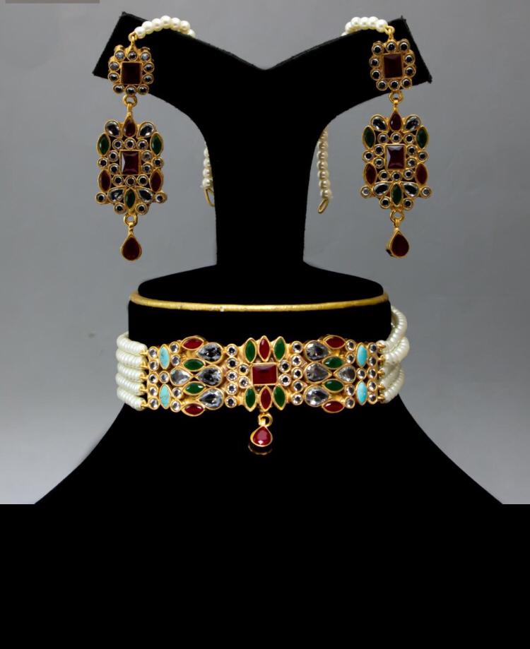 NEW DESIGN MULTI KUNDAN CHOKER WITH EARRING SET
