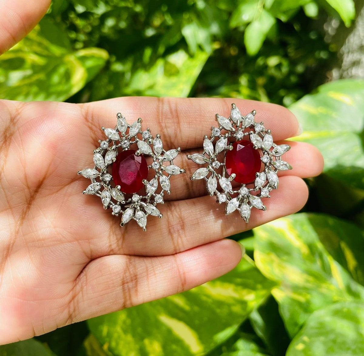 Red Silver Studs Earrings