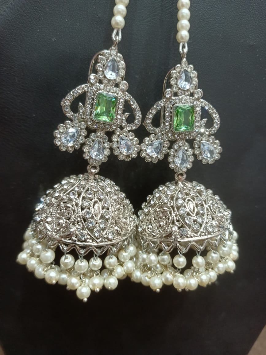 Silver Jhumka Design in Green Stone