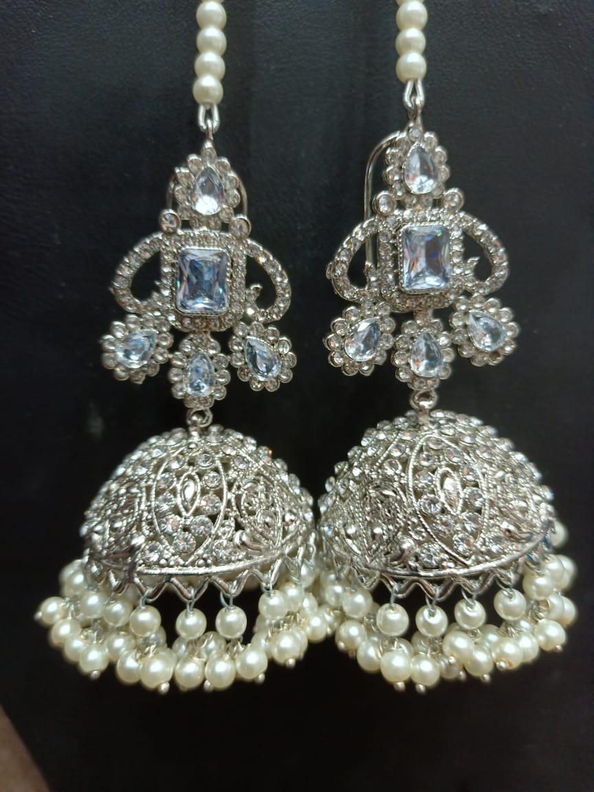 Silver Jhumka Design in white stone