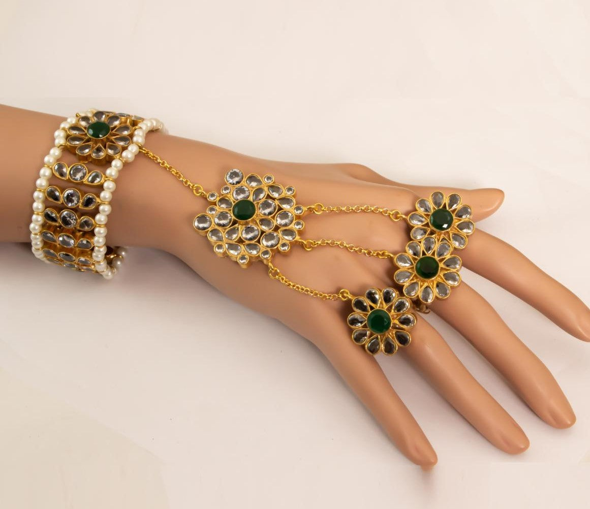 Green Kundan Bracelet With Ring