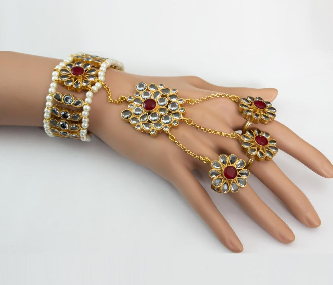 Maroon Kundan Bracelet With Ring