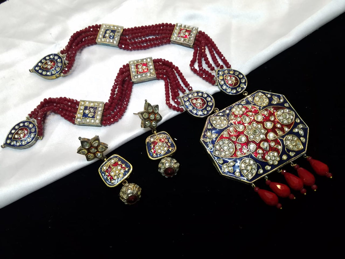 Red-Blue Kundan Meenakari Long Mala