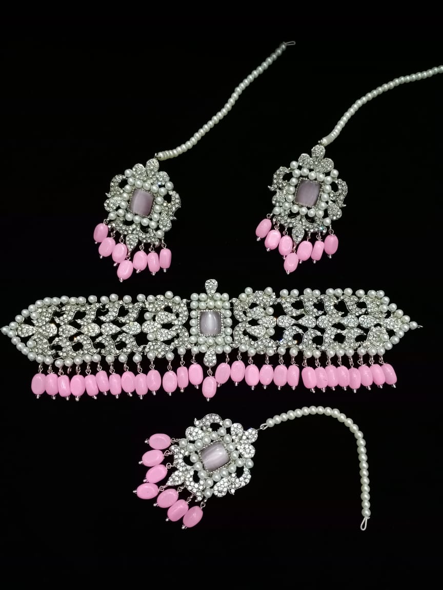 Women Pink Drops Choker Necklace & Earrings set
