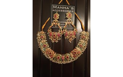 MULTI COLOURED NAURATAN NECKLACE SET WITH BALI STYLE EARRINGS